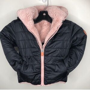 Save the Duck Girls Mimi Reversible Black Puffer Pink Faux Fur Jacket size 4